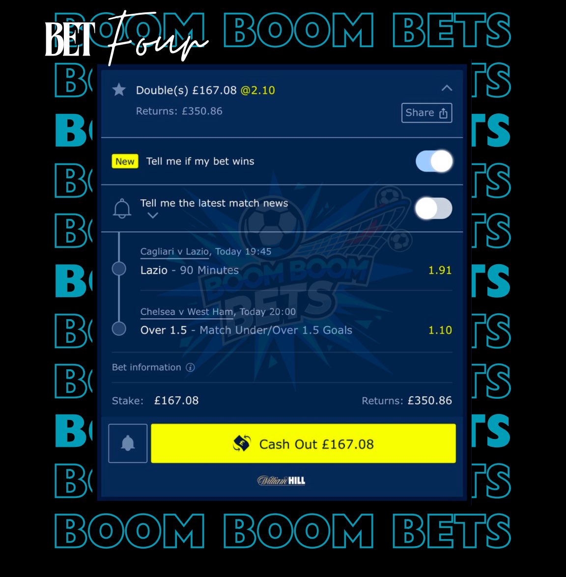 BoomBoomBetss's tweet photo. £20 - £1000 Ladder Challenge 🪜

Bet 4. Looking to get back to back wins 🤞🏼

Lazio to win (vs. Cagliari)
Chelsea v West Ham Over 1.5 goals

£167.08 stake returns £350.86 💥

18+ Gamble Responsibly 🙏🏻 https://t.co/u4OZFa5KJE