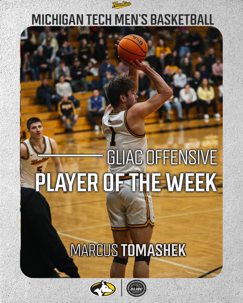 Tomashek named GLIAC Offensive Player of the Week

In two wins last week:
🌟 Averaged 28 points
🌟 Scored his 12th 30-point game vs. Davenport
🌟 21-for-25 from the free-throw line
🌟 Averaged 4.5 rebounds

📝: michigantechhuskies.com/news/2025/2/3/…

#FollowTheHuskies