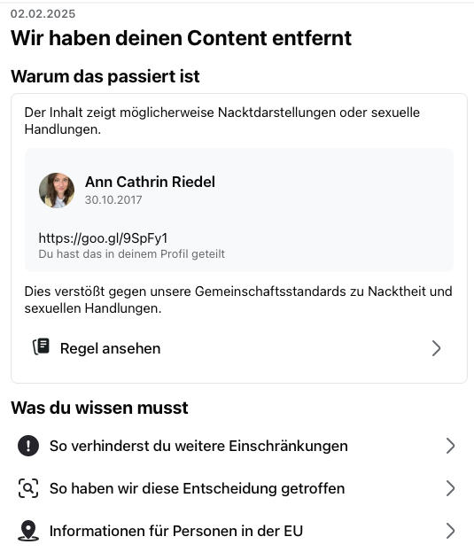 Free-Speech-Vorreiter Meta hält nun Postings von mir von 2017 zu Artikeln von <a href="/zeitonline/">DIE ZEIT</a> über faire Pornos für einen Verstoß gegen die Gemeinschaftsstandards. Sagt die Technologie.