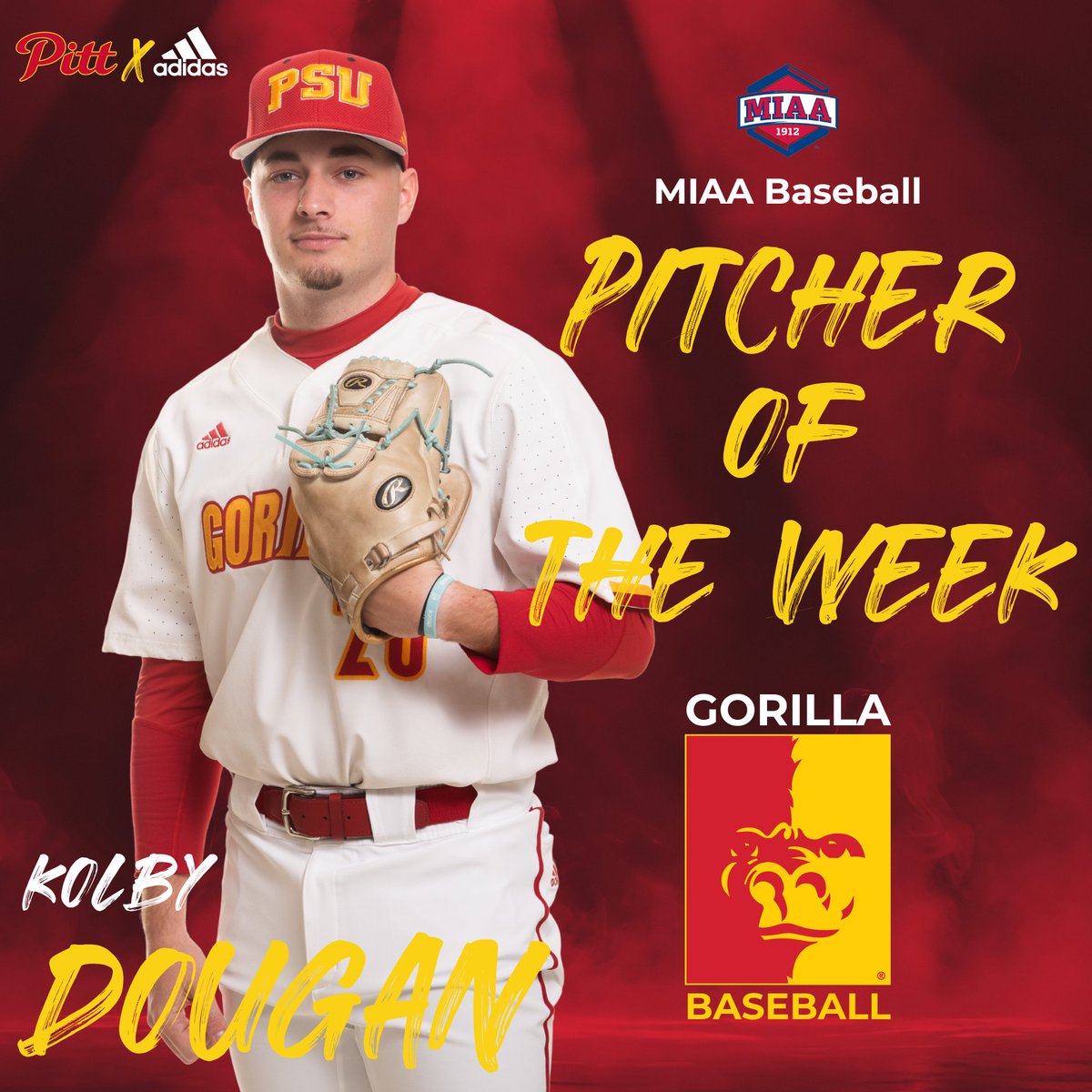 Pitt State Athletics 🦍 (@pittstgorillas) on Twitter photo 🚨PITCHER OF THE WEEK🚨
Kolby Dougan is the MIAA Pitcher of the Week after a dominant start Sunday against Metro State 🦍⚾️
Dougan threw 5 shutout innings with 12 strikeouts Sunday.
<a href="/GorillasBSB/">Pitt State Baseball ⚾️</a>|<a href="/pittstate/">Pittsburg State</a>|<a href="/kolbydougan17/">Kolby Dougan</a> 🚨PITCHER OF THE WEEK🚨
Kolby Dougan is the MIAA Pitcher of the Week after a dominant start Sunday against Metro State 🦍⚾️
Dougan threw 5 shutout innings with 12 strikeouts Sunday.
<a href="/GorillasBSB/">Pitt State Baseball ⚾️</a>|<a href="/pittstate/">Pittsburg State</a>|<a href="/kolbydougan17/">Kolby Dougan</a>