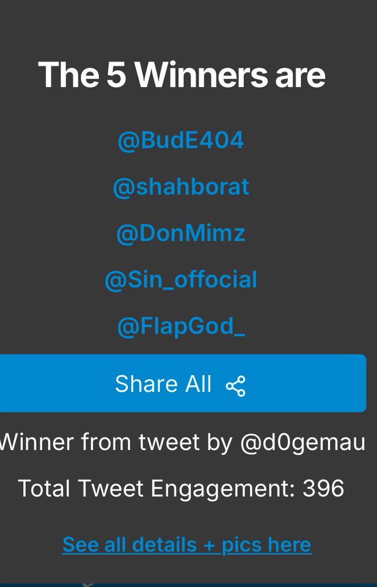 Winners from spaces 

1 <a href="/BudE404/">BudE👣</a> Lucky Dao NFT
1 <a href="/shahborat/">BORAT</a> $100.00
1 <a href="/DonMimz/">DonMimz</a> 1 $BIG Neighbor
1 <a href="/Sin_offocial/">Sinister</a> 1 $BIG Neighbor
1 @FlapGod_  1 $BIG Neighbor

Please DM your wallets