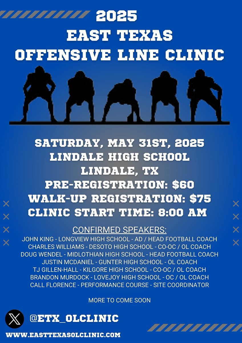 WE ARE BACK

🚨EAST TEXAS OL CLINIC🚨
📅May 31st, 2025
📍  Lindale High School
💰$60 Pre-Register / $75 at the door
🔗Registration Link COMING SOON!

Mark your calendars and come learn from some of the best OL Coaches in the business!