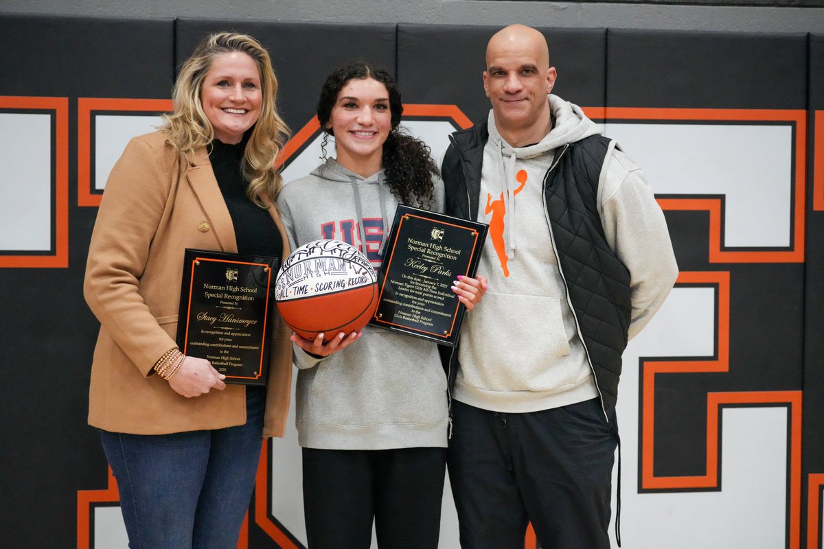 NormanSchools's tweet photo. 🏀 Record Broken! 🏆

Congrats to @KeeleyParks04 for breaking the @NHSWBB scoring record of 1,455 points! 🎉 The record, set by Stacy Hansmeyer (92-96), stood for nearly 30 years. It was fun celebrating the record with Stacy in attendance! 

#NPSProud #NPSGoodThings #NPSSports https://t.co/DIvgVjhgW3