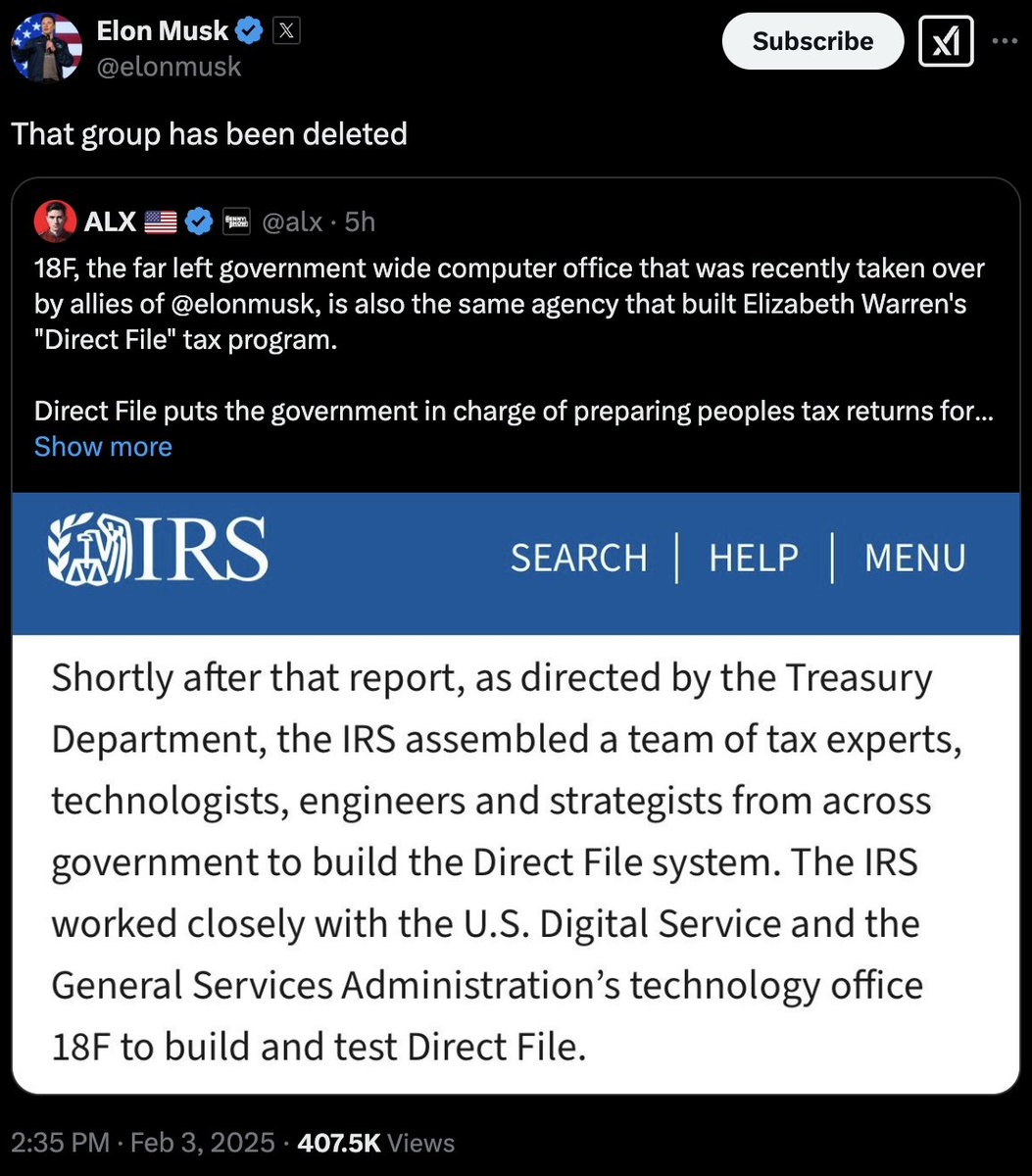 Elon Musk is now bragging about getting rid of the team that put together the 'Direct File' tax filing system, which allows citizens to easily file their taxes for free.

Direct File is a big target of the for-profit tax prep industry including corporations like Intuit and H&amp;R