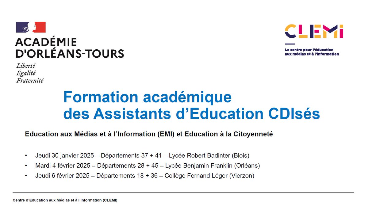 🔛[#Formation #EAFC <a href="/ac_orleanstours/">Académie d'Orléans-Tours</a>] Journée <a href="/Clemi_ot/">EMI_Clemi Orléans-Tours</a> #EducMediasInfo #citoyennete pour les #AED CDIsés (session 2⃣ - départements 28 et 45)

🔶 Les pratiques numériques des jeunes
🔶 L'identité numérique professionnelle

🙏au lycée Benjamin Franklin (Orléans) pour l'accueil