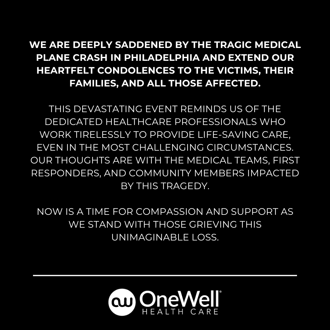 OneWellHealth's tweet image. Our Hearts Are with Philadelphia

We are deeply saddened by the tragic medical plane crash and extend our condolences to all affected. If you or someone we serve needs support or assistance, please reach out—OneWell is here to help. Take care of yourselves &amp;amp; each other. 💙