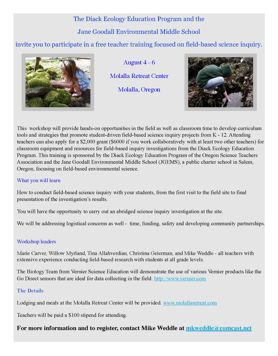 GreaterOR_STEM's tweet photo. Free teacher training with a focus on field-based science!!  For more information: mkweddle@comcast.net https://t.co/GdiCNx3bO0