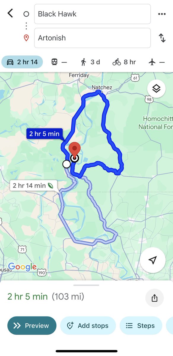 Star53815's tweet photo. These 2 towns in the United States are a few miles apart in a straight line, but the fastest route to drive between them is about 2 hours long and about 100 miles.

Black Hawk, LA and Artonish, MS https://t.co/wqiZ8ztWmg
