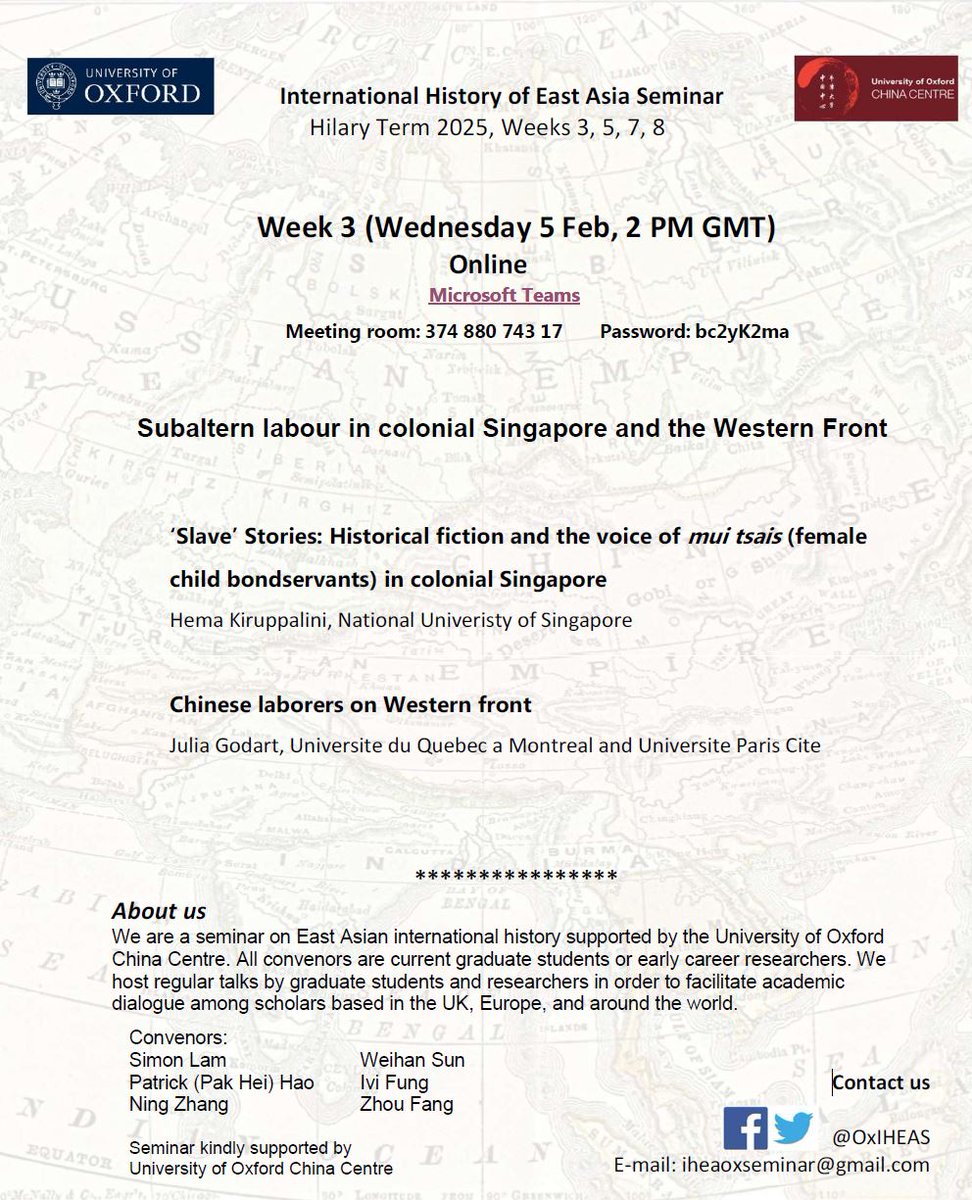 Do join us ONLINE tomorrow for our Week 3 session on Wednesday at 2pm GMT on Subaltern labour in colonial Singapore and the Western Front - looking forward to seeing everyone there!

NOTE - This session is ONLINE ONLY.

MS Teams Link:
teams.microsoft.com/l/meetup-join/…
