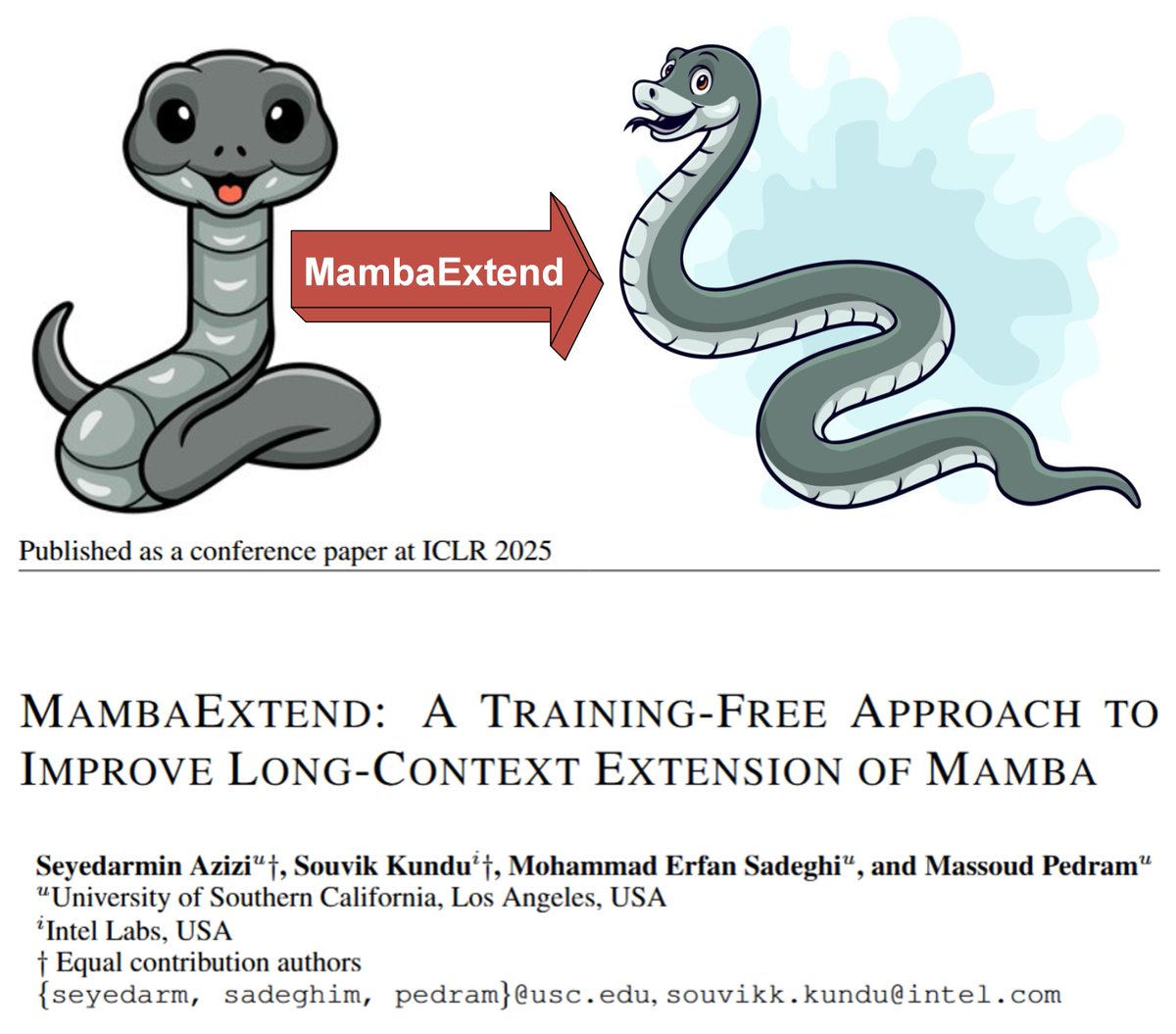 thisissouvikk's tweet photo. #ICLR2025 #mamba #longcontextLLM #SSM
🚀🚀Can Mamba be extended to support long context data without training or tuning of the pre-trained weights?

To answer this intriguing and pressing question we did a bit digging in to the:

👉General understanding of Mamba towards long context
👉Key bottleneck identification in terms what plays a critical role in Mamba's context forgetful-ness, as we keep on increasing context size!
👉The impact of scaling of the discretization matrix of Mamba towards their performance impact on long context
👉Finally come up with our proposed solution of "MambaExtend" to improve their long context understanding ability!

📌OpenReview Paper link: https://t.co/CZglO7y20w

📌Code: will be available soon!
In collaboration with the @USCMingHsiehEE @USCViterbi