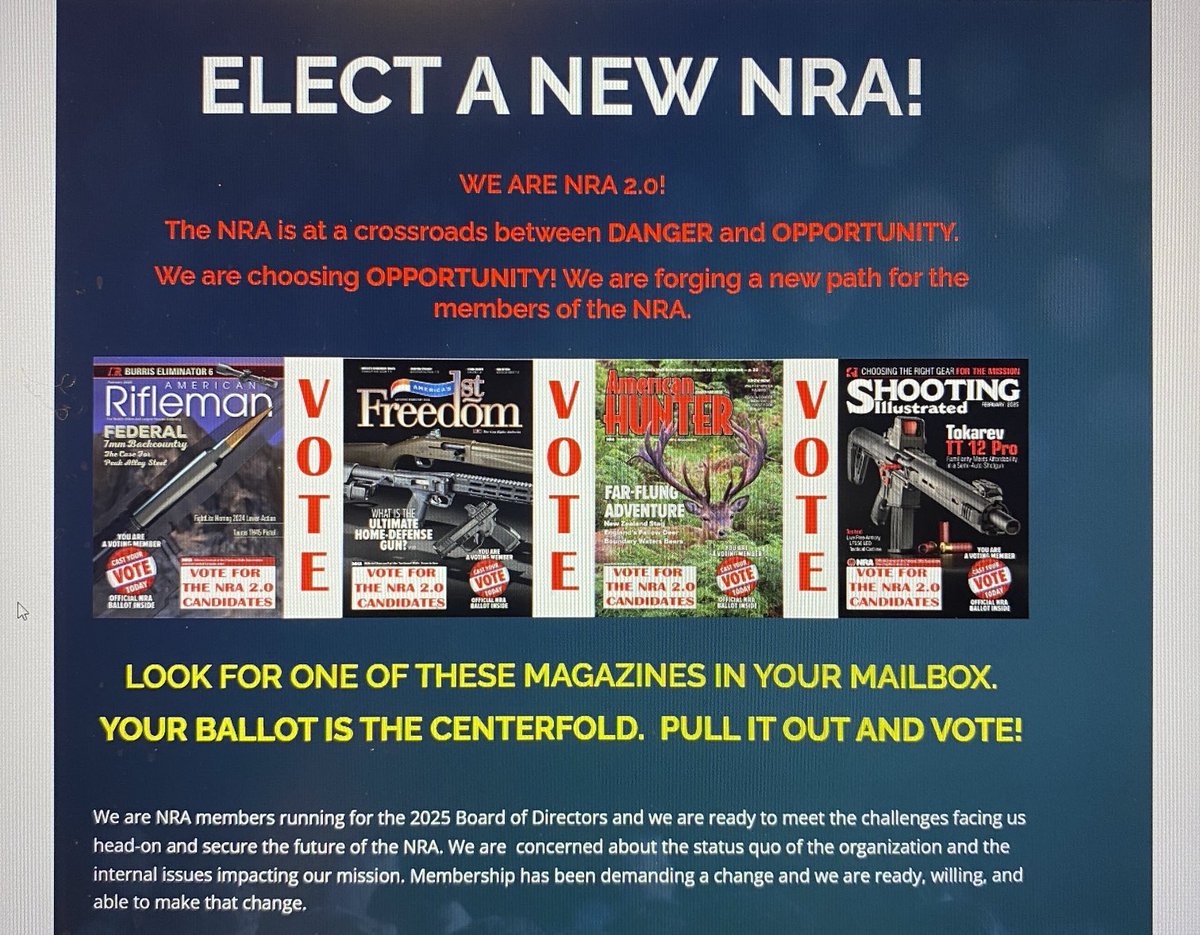 WillesLee's tweet photo. You asked for this. You want this. You NEED this. These 28 patriots stepped forward.
NRA Board election. Find your NRA magazine. Vote for only (me, of course, please) https://t.co/1PPDeHdnON candidates. Do NOT vote for any other. #voterinfo
#freedomssafestplace https://t.co/OG1sdd9pHv