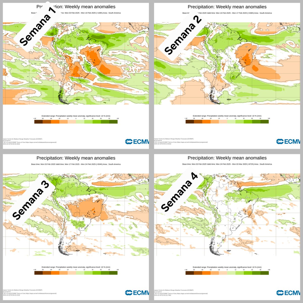 ywef's tweet photo. Interesantes actualizaciones de los pronósticos semanales de lluvia (subestacionales) del @climatesociety (ENANDES), @ECMWF  y @Senamhiperu.  Probabilidades mayores de superar el promedio de lluvias en zona andina/ anomalías positivas/ percentil >66/para las siguientes 4 semanas. https://t.co/PHjhbP4yz2