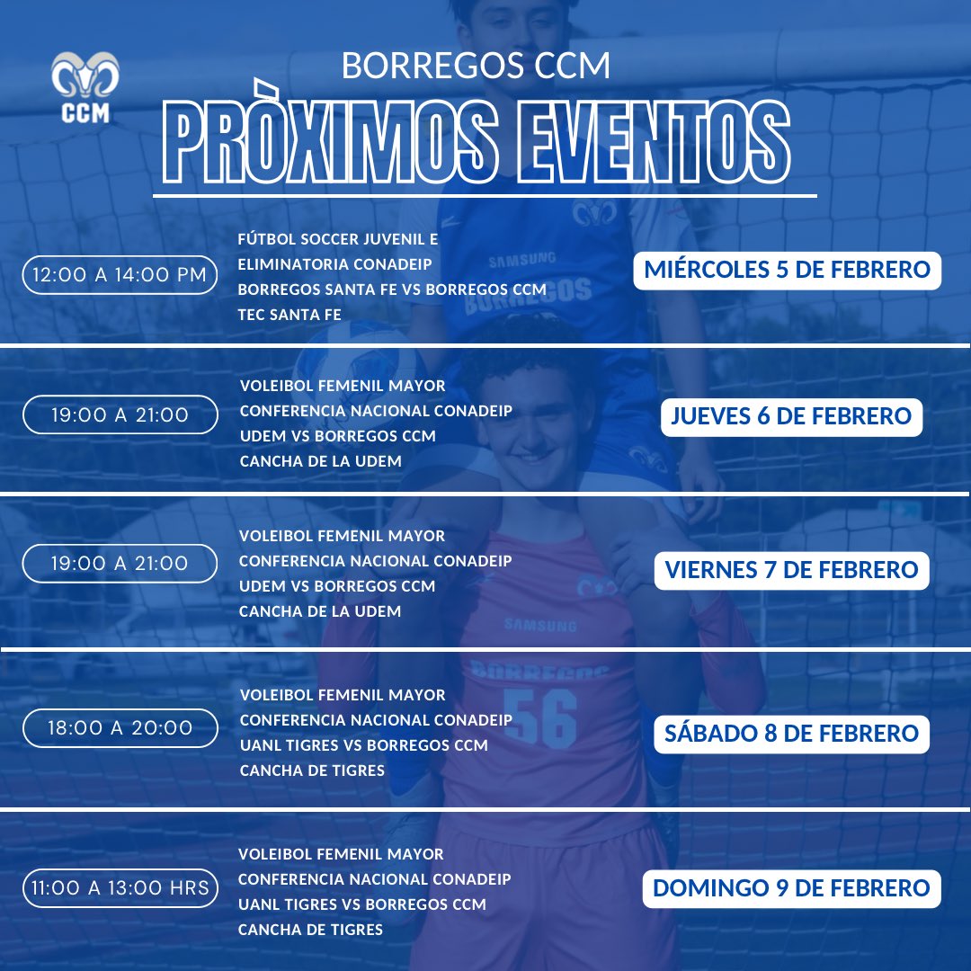 Borregos CCM (@ccm_borregos) on Twitter photo Conoce los eventos y partidos que tendrán nuestros equipos esta semana.
¡Mucho éxito Borregos! 💙🐏
🎨 @paodiaazz_ y @frida.ocon
💻 @josueguzmanaguilar
📸 @pau_castillo_060
<a href="/Tec_CCM/">Tec Ciudad de México</a>
#borregos #equipos #deportes Conoce los eventos y partidos que tendrán nuestros equipos esta semana.
¡Mucho éxito Borregos! 💙🐏
🎨 @paodiaazz_ y @frida.ocon
💻 @josueguzmanaguilar
📸 @pau_castillo_060
<a href="/Tec_CCM/">Tec Ciudad de México</a>
#borregos #equipos #deportes