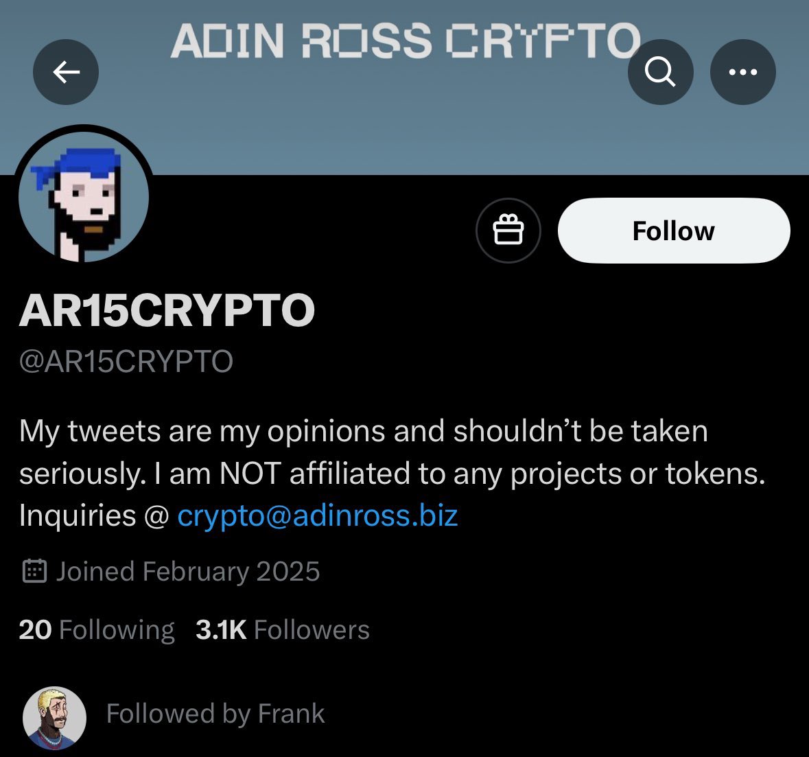 crk10.eth ๐ (@crk_nft_) on Twitter photo Adin Ross creates new crypto account (<a href="/AR15CRYPTO/">AR15CRYPTO</a>)
First post is with the LA Vape Cabal
$MLG
Gamers game
Nuff said <a href="/Banks/">FaZe Banks</a> <a href="/probablynothing/">probably nothing</a> Adin Ross creates new crypto account (<a href="/AR15CRYPTO/">AR15CRYPTO</a>)
First post is with the LA Vape Cabal
$MLG
Gamers game
Nuff said <a href="/Banks/">FaZe Banks</a> <a href="/probablynothing/">probably nothing</a>