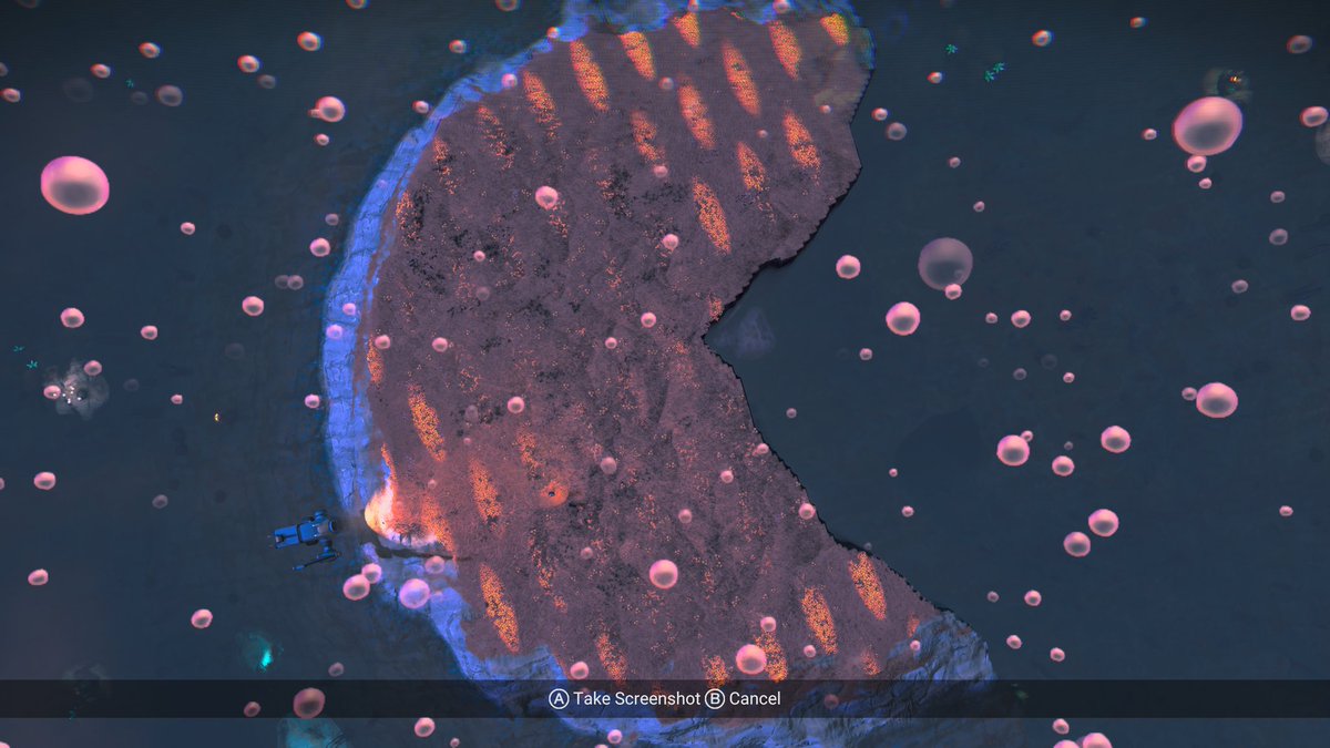 Explorer_Hoff's tweet photo. First picture is a little base I've been working on, second picture is of my little island from above looks a lot like #PacMan getting ready to eat some ghosts!

#NoMansSky #NoMansSkyWorldsPt2 
#PhotoMode https://t.co/5SMJDWFqP7