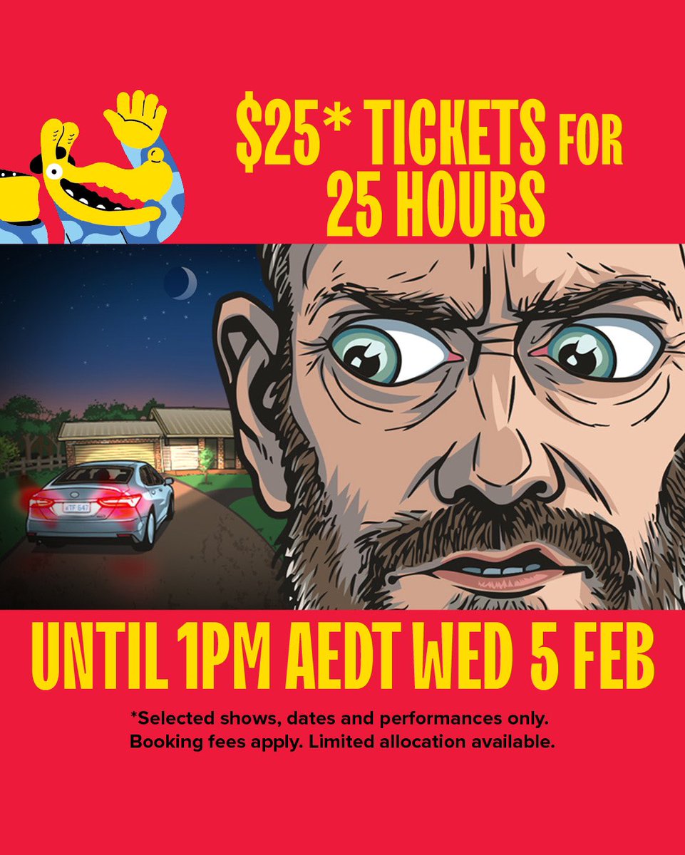 Alright cheaparse mother…friends. From 12 today (being Tuesday) til 1pm tomo you can get $25 tickets to my comedy fest show The Car In My Parents’ Driveway comedyfestival.com.au/browse-shows/y…