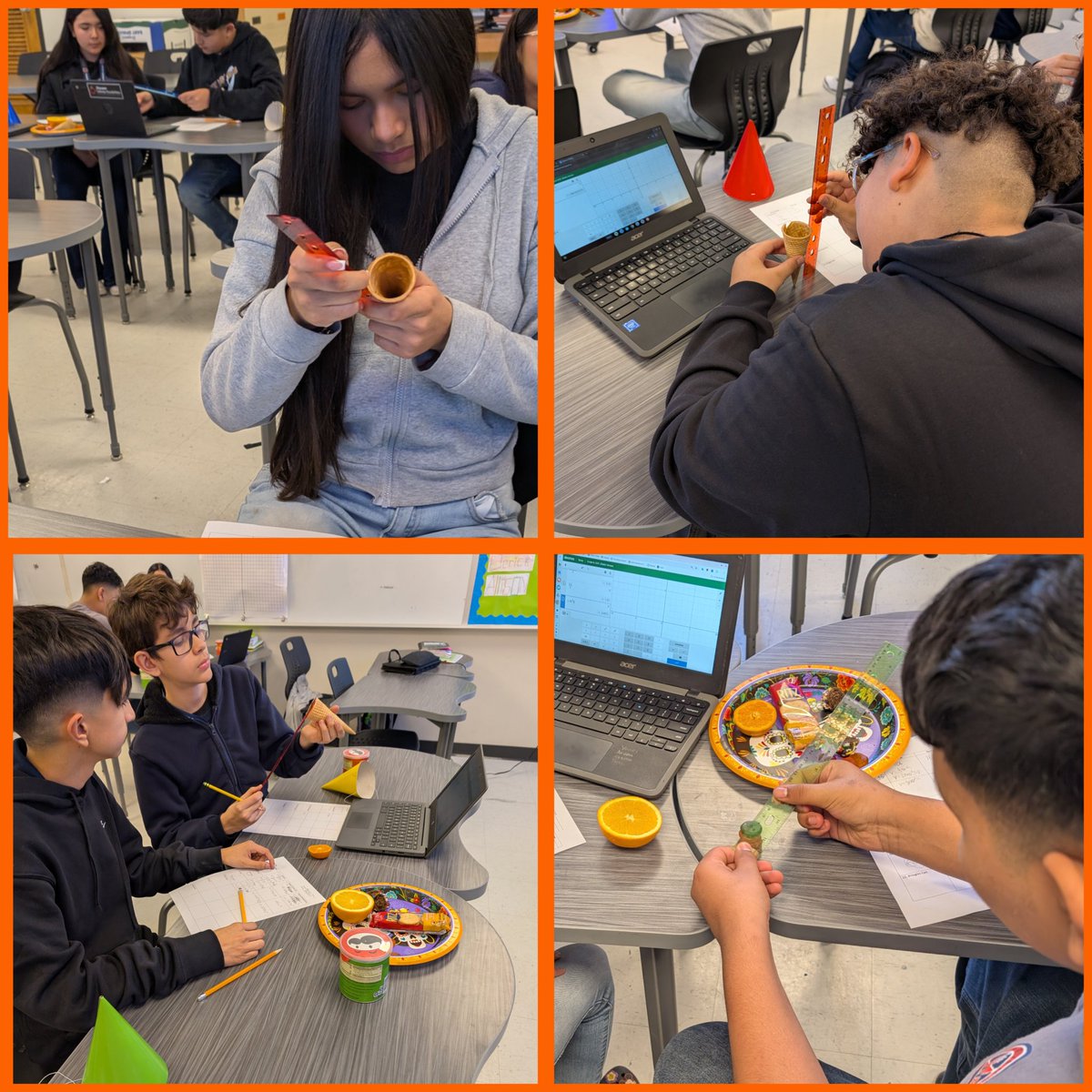 Mrs_Ritch's tweet image. Turned our Volume worksheet for the day into some hands on yumminess! 
Students loved seeing the differences in cones, spheres, and cylinders and I loved hearing their conversations filled with strong vocabulary and understanding!!
#FORtheValley
#highexpectations