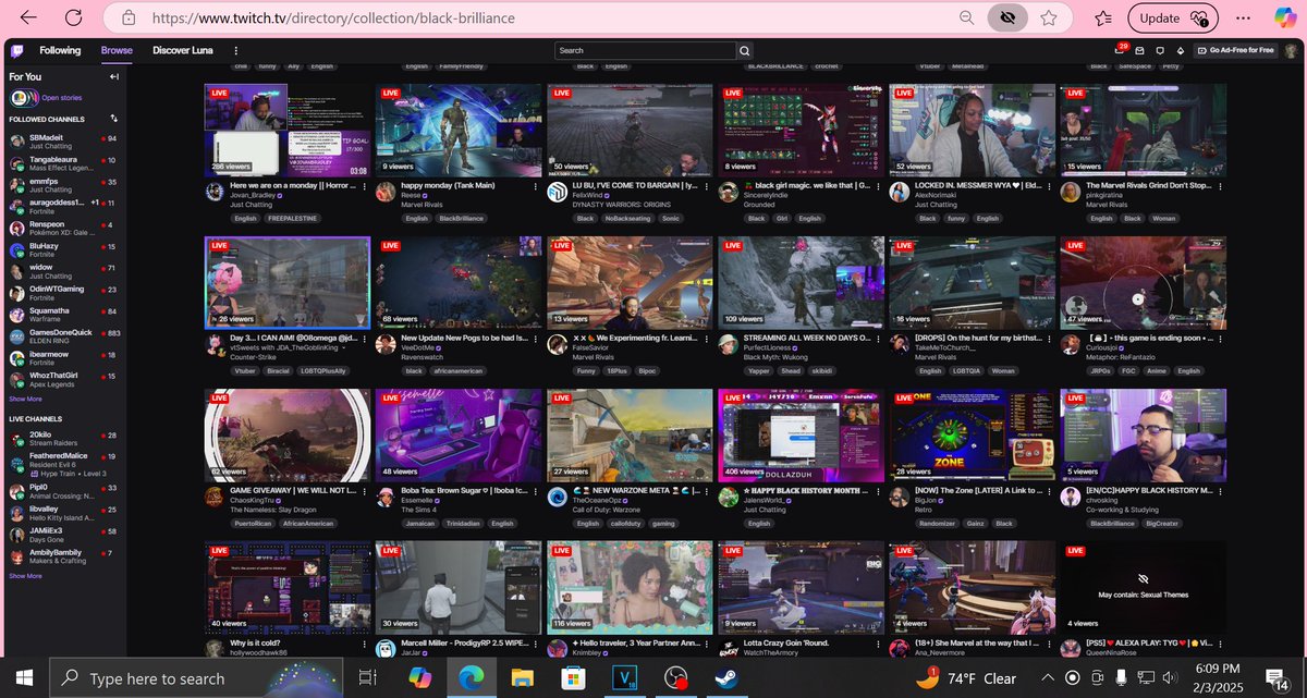 If you'll excuse me for a second to poke my chest out, but we made it on the Together for Black Brilliance shelf tab on twitch's front page. Like of all people we made it, and it couldn't have happened without you the viewers believing in what we do. Thank you for everything 🫶