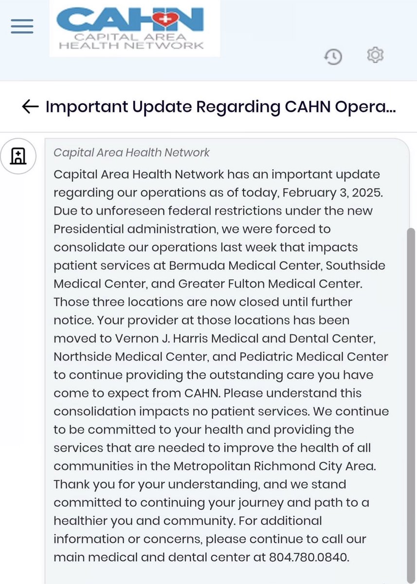 Breaking Richmond news: Capital Area Health Network has closed three branches in response to new requirements from the new Presidential administration. This is devastating for community members with transportation barriers. Alt text is spread across this tweet &amp; the next. 1/