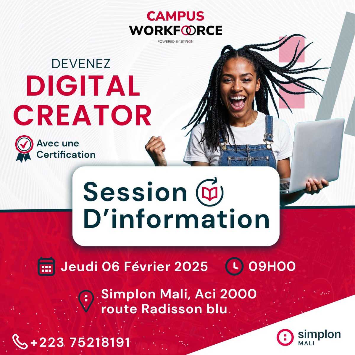 Simplonmali's tweet photo. Rendez-vous ce jeudi 06 février 2025 pour la session d’information sur 𝐥𝐞 𝐩𝐫𝐨𝐠𝐫𝐚𝐦𝐦𝐞 𝐝𝐞 𝐟𝐨𝐫𝐦𝐚𝐭𝐢𝐨𝐧 𝐦𝐞́𝐭𝐢𝐞𝐫 𝐞𝐧 𝐃𝐢𝐠𝐢𝐭𝐚𝐥 𝐂𝐫𝐞𝐚𝐭𝐨𝐫.

🕒 𝐇𝐞𝐮𝐫𝐞 : Session ouverte durant toute la journée (𝟎𝟗𝐡𝟎𝟎 - 𝟏𝟕𝐡𝟎𝟎)

#SimplonMali #Digital https://t.co/U7R1CfLwqR