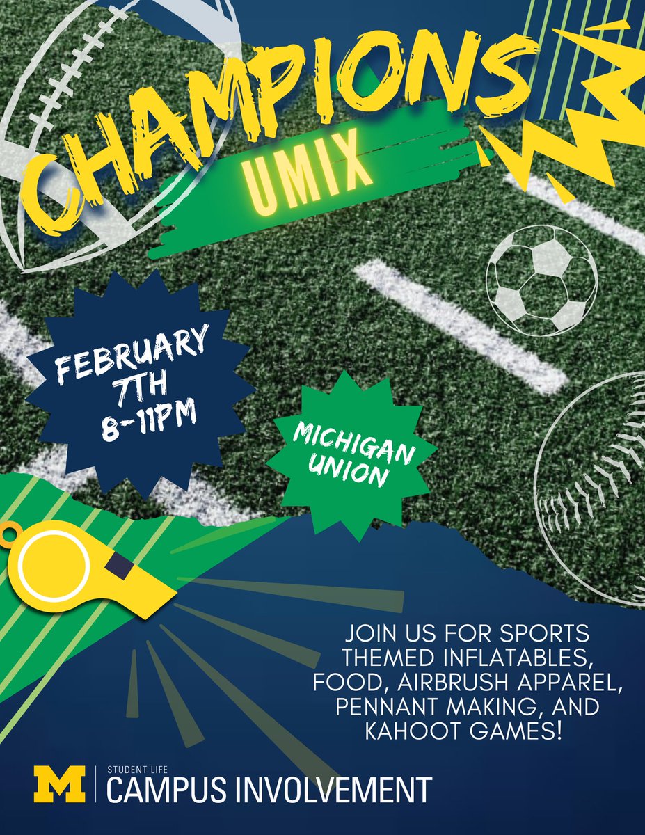 Don’t miss Champions UMix tomorrow night from 8–11 PM at the Michigan Union! 🏀🏆 Join us for an evening packed with fun—sports-themed inflatables, airbrush apparel, pennant making, a Kahoot competition, and free food! Grab your friends and see you there!