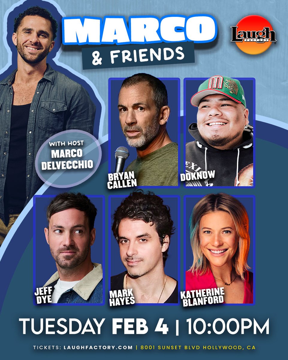 TheLaughFactory's tweet photo. 🚨Attention, citizens of Smoochie Town!🚨 @marcodelvec and Friends hit our stage on Tuesday, 2/4 at 10PM. Late-night laughs, good vibes only - so get your tickets now!
🎟Tix: https://t.co/m2CchUuiZb
#laughfactory #comedy #marcodelvecchio #SmoochieTown https://t.co/uTKro2EXTq