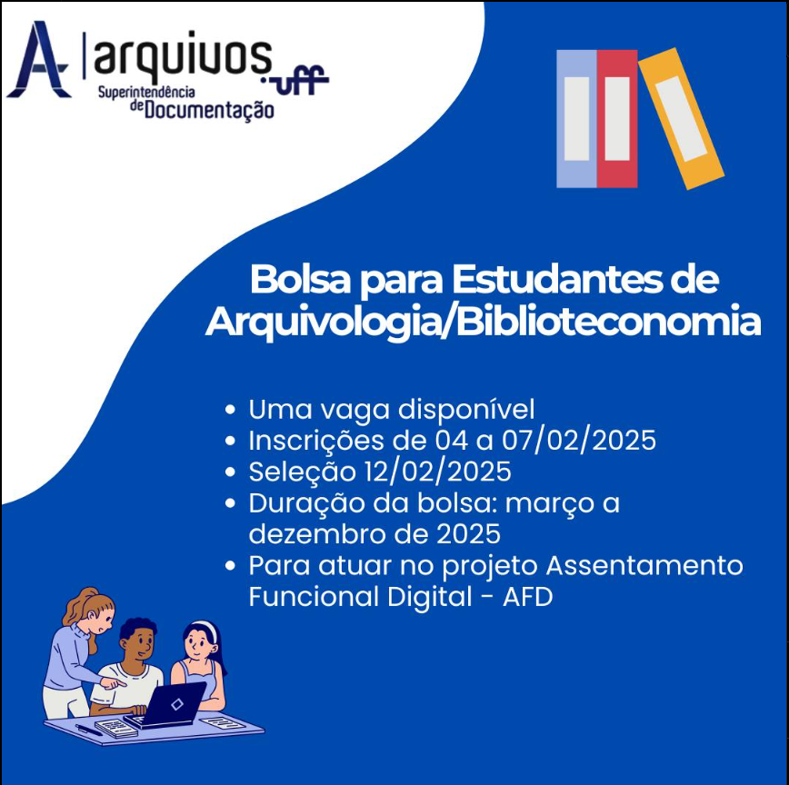 Oportunidade de bolsa para estudantes de Arquivologia e Biblioteconomia! 📚💻

➡️editais.uff.br/9395

✔️ 1 vaga disponível
📅 Inscrições: 04 a 07/02/2025
📅 Seleção: 12/02/2025
📂 Atuação no projeto AFD

Não perca essa chance!
#Arquivologia #Biblioteconomia #UFF