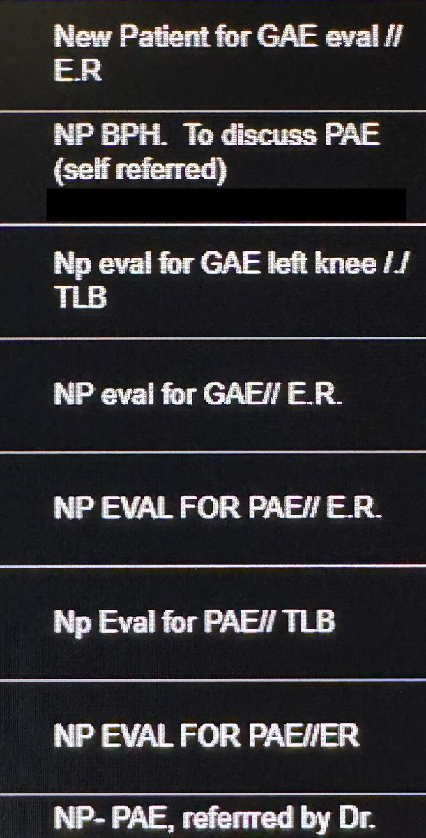 DrGluRu's tweet image. After performing the 1st genicular artery embolization #GAE for knee pain in the Charlotte region & developing the #prostate artery embolization #PAE service line over the last 5 years, I am humbled & proud of this consult clinic schedule @SIR_ECS @SIRspecialists #BPH #kneepain
