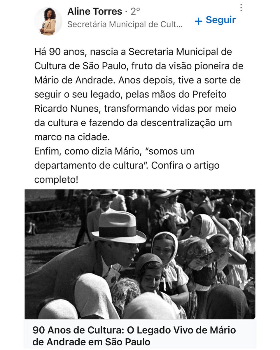 Oie, bora se conectar lá no LinkedIn também?

Por lá compartilho artigos e reflexões mais profundas de diversos temas, o da vez é sobre os 90 anos da Secretaria Municipal de Cultura de São Paulo.

linkedin.com/posts/aline-to…