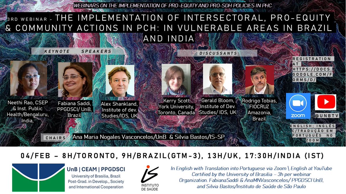fasaddi's tweet photo. Great webinar tomorrow 04 Feb @ 8h/Toronto, 9h/Brazil, 13h/UK, 17:30/India. In English. POLICY ANALYSES ON THE IMPLEMENTATION OF INTERSECTORAL AND PRO-EQUITY ACTIONS IN PHC:  URBAN VULNERABLE AND INDIGENOUS GROUPS IN BRAZIL &amp; INDIA https://t.co/Y13YpjIYxj
@H_S_Global,@unb_oficial https://t.co/9b5Ib3Qzlw
