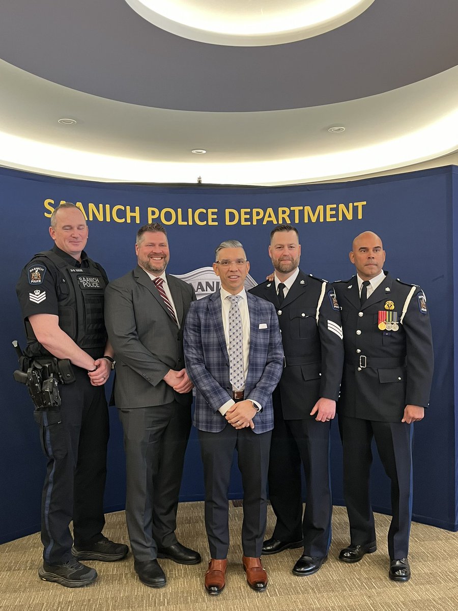 Today <a href="/SaanichPolice/">Saanich Police</a> recognized &amp; expressed our gratitude to five newly promoted officers. Honoured to involve Tsawout First Nation Chief Pelkey as he presented Deputy Chief Underwood with a traditional blanket representing the support of the Tsawout people. #gratefulchief #yyj