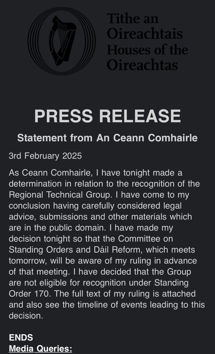 BREAKING: Ceann Comhairle Verona Murphy has said this evening that after considering legal advice,  Michael Lowry’s Regional Independent Group is “not eligible for recognition under Standing Order 170”

Is this the end of the speaking row? The Dáil Reform Committee meets tomorrow