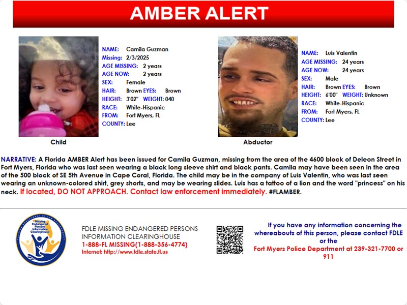 fdlepio's tweet image. Please Share!
A Florida AMBER Alert has been issued for 2-year-old Camila Guzman. The child may be in the company of Luis Valentin. If located, DO NOT APPROACH. Contact law enforcement immediately.
If you have any information, contact the Fort Myers Police Department at…