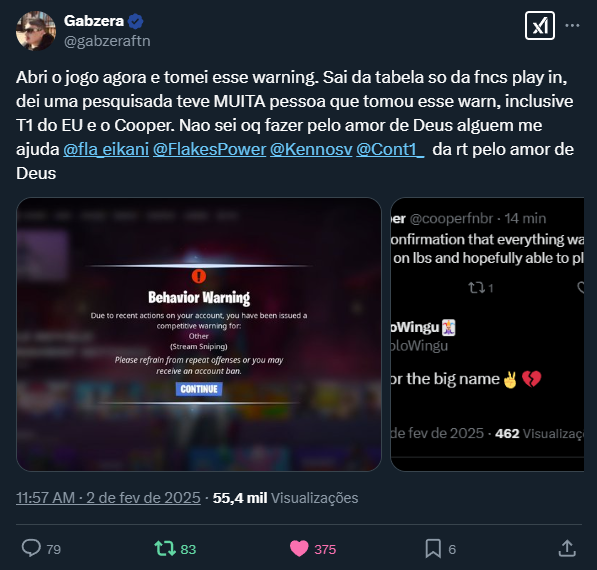 diaspaulin_'s tweet photo. FNCS no Brasil, há 3 anos que sempre temos problemas. Cheaters invadindo o comp, times e etc. Uma confusão e a epic não fala, parece não ajudar, não se importar. Um dos piores suportes que já vi.

Enquanto a comunidade continua tentando competir e se dedicar, parece que os problemas só pioram. A falta de comunicação e ação da epic deixa todos frustados, e o cenário fica cada vez menos atrativo para qualquer um.