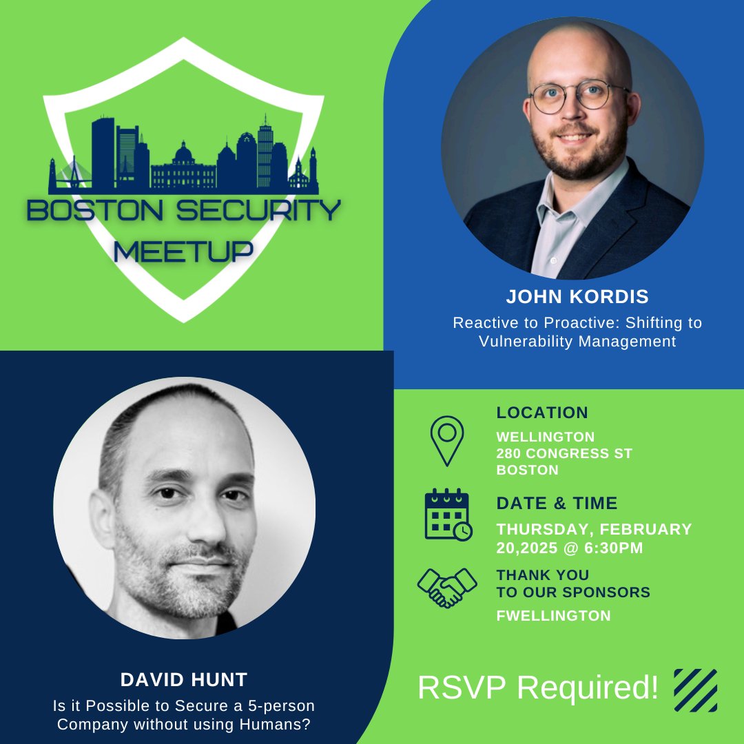 BostonSecurityMeetup (@securitymeetup) on Twitter photo Our next meetup has now been posted sponsored by 
Wellington Management .Our first talk is by John Kordis about #vulnerabilitymanagement. Next we have David Hunt about #secureyourorg. Make sure to RSVP by Feb 18th to reserve a spot at meetup.com/the-boston-sec…
#infosec #security Our next meetup has now been posted sponsored by 
Wellington Management .Our first talk is by John Kordis about #vulnerabilitymanagement. Next we have David Hunt about #secureyourorg. Make sure to RSVP by Feb 18th to reserve a spot at meetup.com/the-boston-sec…
#infosec #security