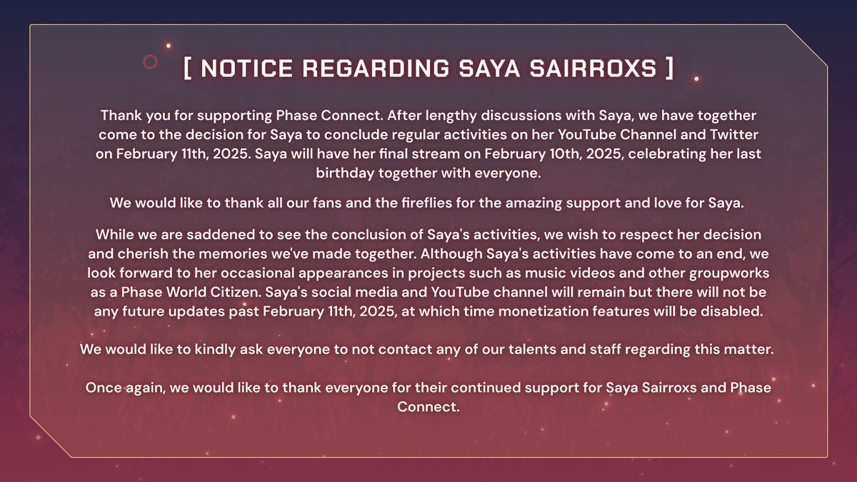 PhaseConnect's tweet photo. [Notice Regarding Saya Sairroxs] https://t.co/crYYXIPtA6