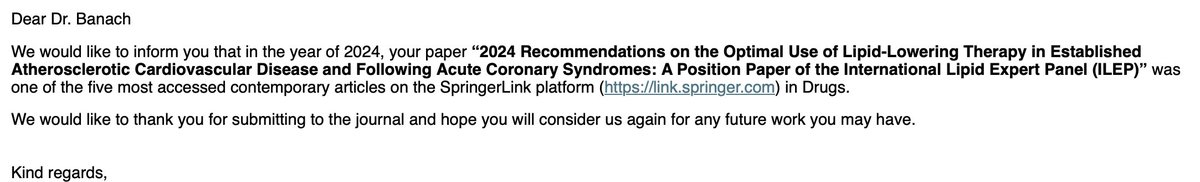 maciejbanach's tweet image. I am so pleased to see that our #ILEP #recommendations on the #upfront #combination #LLT, that have been published online on Nov. 5th are one of the five most accessed (8157) contemporary articles on the @SpringerNature Link platform in Drugs in 2024‼️  

Great to see such a