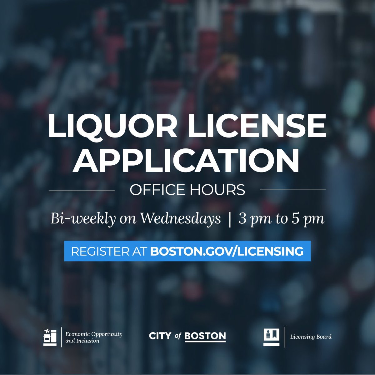 Please note: Residents can stop by the virtual Licensing Board’s office hours this Wednesday, Feb 5 from 3-5pm to ask questions about applying for liquor licenses. Office hours will occur biweekly on Wednesdays. Register here: shorturl.at/VXL1E #bospoli