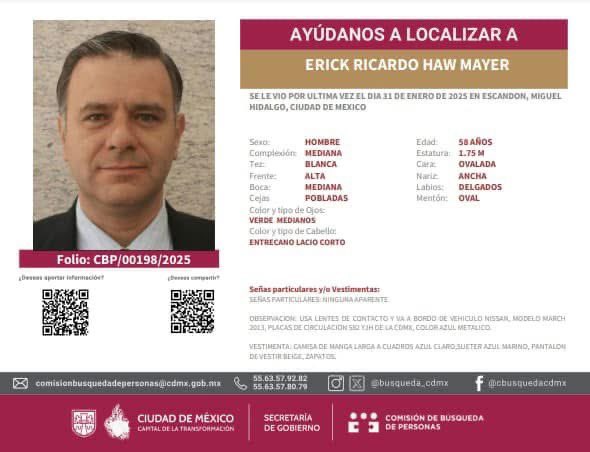 #RT Se solicita su apoyo para localizar a Erick Ricardo Haw Mayer. Se le vio por última vez el viernes 31 de enero en la alcaldía Miguel Hidalgo de CDMX.