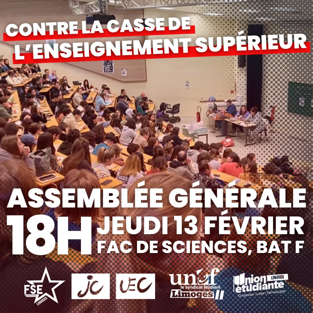 MJCF_87's tweet image. 🚩 Jeudi 13 février, Assemblée Générale des étudiant·es de l'Université de Limoges pour parler conditions d'études et budget 2025 pour l'Enseignement Supérieur et la Recherche !
RDV à partir de 18h, bâtiment F de la Faculté de Sciences