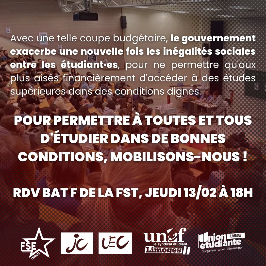 MJCF_87's tweet image. 🚩 Jeudi 13 février, Assemblée Générale des étudiant·es de l'Université de Limoges pour parler conditions d'études et budget 2025 pour l'Enseignement Supérieur et la Recherche !
RDV à partir de 18h, bâtiment F de la Faculté de Sciences