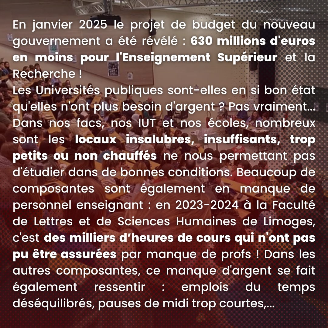 MJCF_87's tweet image. 🚩 Jeudi 13 février, Assemblée Générale des étudiant·es de l'Université de Limoges pour parler conditions d'études et budget 2025 pour l'Enseignement Supérieur et la Recherche !
RDV à partir de 18h, bâtiment F de la Faculté de Sciences