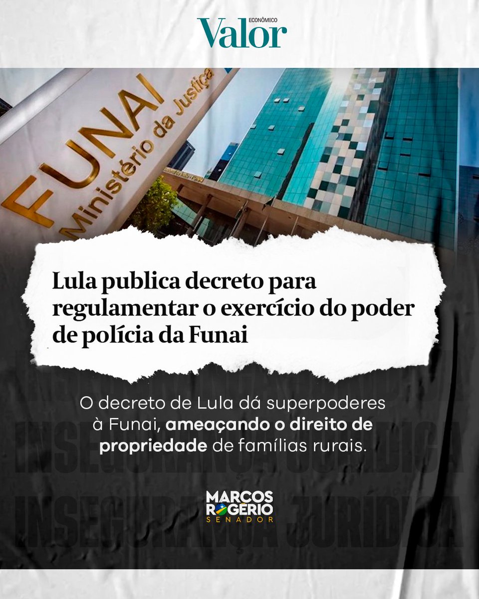 MarcosRogerio's tweet photo. O governo Lula assinou um decreto que dá superpoderes à Funai, permitindo que interdite terras, apreenda bens e até expulse produtores de suas próprias propriedades, mesmo em áreas que nem foram demarcadas oficialmente. Isso não é proteção, é insegurança jurídica na veia.

Sabemos da importância de preservar os direitos dos povos indígenas, mas isso não pode servir de pretexto para atropelar a lei e colocar milhares de produtores rurais em risco.

Já estou atuando para barrar essa medida e garantir que a lei e a segurança jurídica sejam respeitadas.