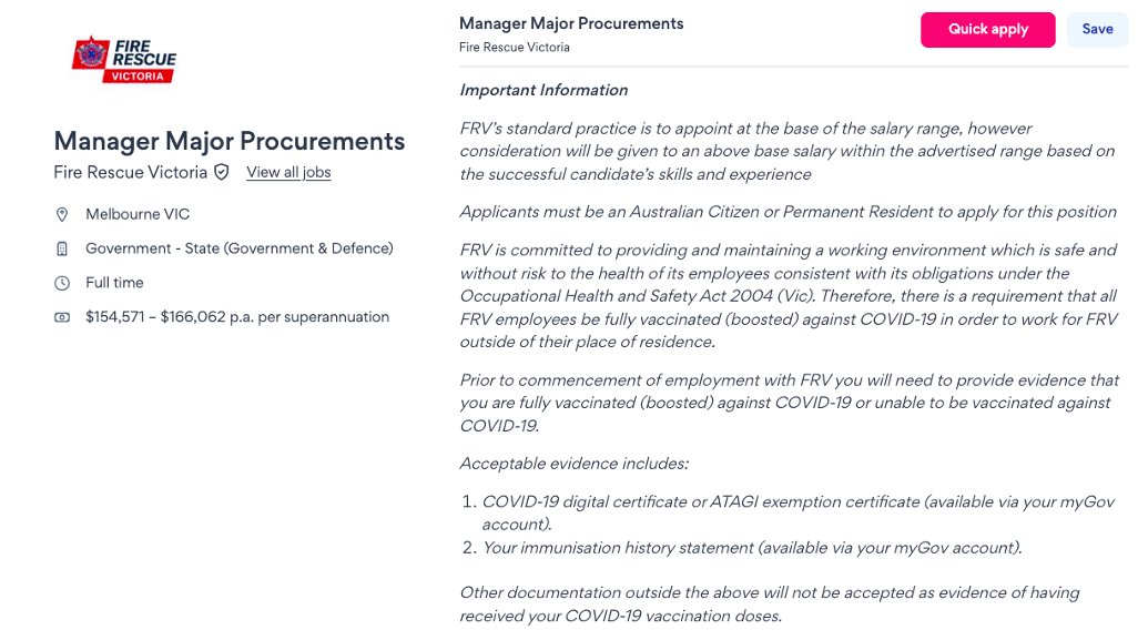 Josieamycashman's tweet image. It is duly noted that Fire Rescue Victoria (FRV) are still banging on about COVID-19 (boosted) vaccines in their job advertisements in February 2025.

#DulyNoted #GoodToKnow #FRV #UFU
