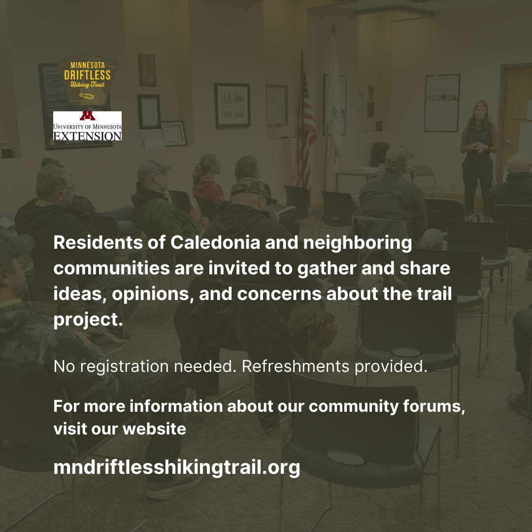 📢 Calling all Caledonia residents!

Join us for our 2nd Community Forum to share your thoughts on the MN Driftless Hiking Trail 🌿. Get project updates &amp; chat with MDHT staff!

🗓️ March 10, 2025 | 5-7 PM
📍 Caledonia Municipal Auditorium
🍪 Free refreshments!

#DriftlessMN