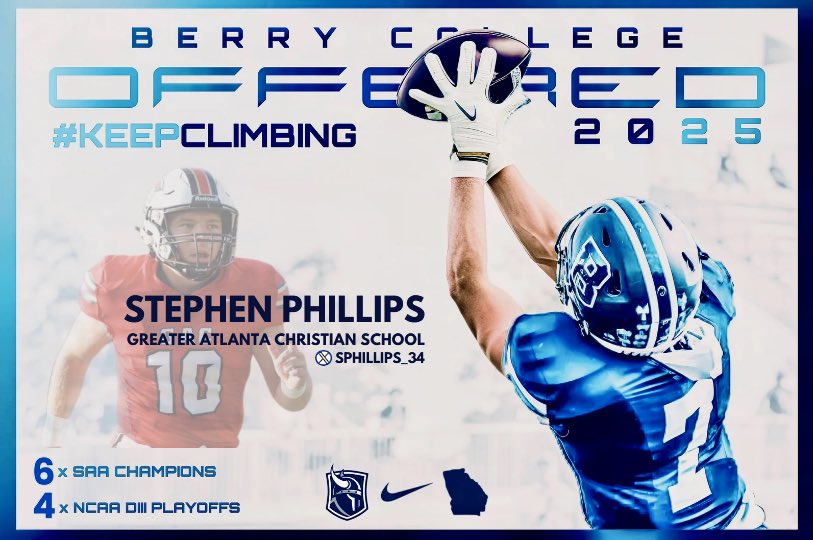 Stephen Michael Phillips (@sphillips_34) on Twitter photo Blessed to receive an offer from Berry College!
<a href="/FB_CoachElliott/">Joel Elliott</a> <a href="/BCCoachK/">Tony Kunczewski</a> <a href="/GACFootball/">GAC Football</a> <a href="/GACFBRecruits/">GAC Football Recruits</a> Blessed to receive an offer from Berry College!
<a href="/FB_CoachElliott/">Joel Elliott</a> <a href="/BCCoachK/">Tony Kunczewski</a> <a href="/GACFootball/">GAC Football</a> <a href="/GACFBRecruits/">GAC Football Recruits</a>