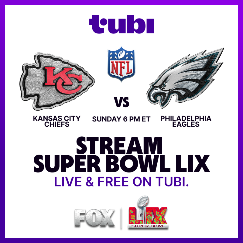 Tubi's tweet photo. Super Bowl LIX is live and free on Tubi. Watch the full game, halftime show, and post-game coverage on February 9.