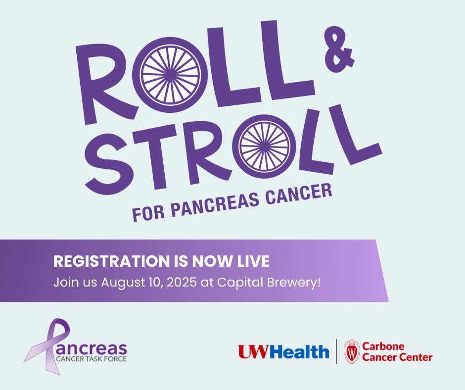 WI Panc Cancer Research & Awareness (@wi_panc) on Twitter photo Registration for <a href="/UWCarbone/">UW Health | Carbone Cancer Center</a>'s Roll & Stroll 2025 is now open! 🚴‍♀️
Bike, walk, run, roll, and stroll with us to make a difference. đź’ś
Live Music | Food | Raffle | Family Fun | Bucky Badger
Together, we can make strides toward a cure!
Register Today: give.wiscmedicine.org/event/2025-rol… Registration for <a href="/UWCarbone/">UW Health | Carbone Cancer Center</a>'s Roll & Stroll 2025 is now open! 🚴‍♀️
Bike, walk, run, roll, and stroll with us to make a difference. đź’ś
Live Music | Food | Raffle | Family Fun | Bucky Badger
Together, we can make strides toward a cure!
Register Today: give.wiscmedicine.org/event/2025-rol…
