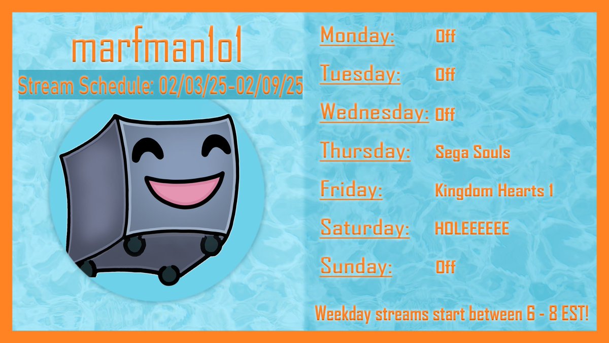 Hey would you look at that, a schedule!
M: Off
Tu: Off
W: Off
Th: Sega Souls (Elden Ring DLC Finale??)
F: KH1 Finale????
Sa: HOLEEEEEEEE
Su: Off

School is ramping up so we have lighter weeks coming up for a bit. Have a great week everyone!