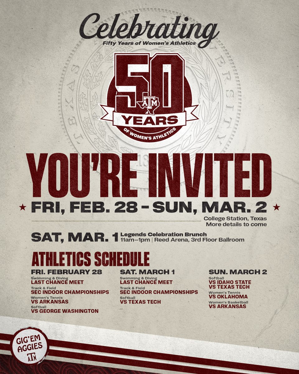 TAMULettermen's tweet image. We are so excited to welcome everyone back to College Station to celebrate 50 years of Women’s Athletics! Mark your calendars for February 28-March 2, as you won’t want to miss the great weekend we have planned!
eventbrite.com/e/celebrating-…